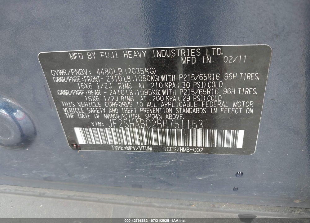 2011 SUBARU FORESTER VIN: JF2SHABC2BH751153