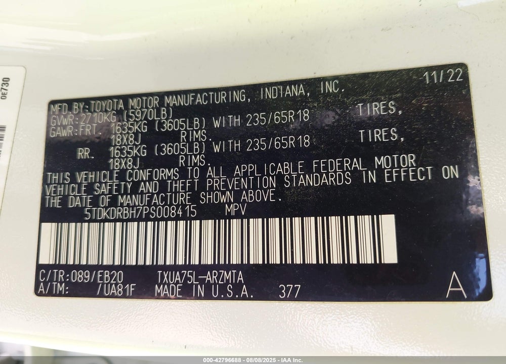 2023 TOYOTA HIGHLANDER VIN: 5TDKDRBH7PS008415