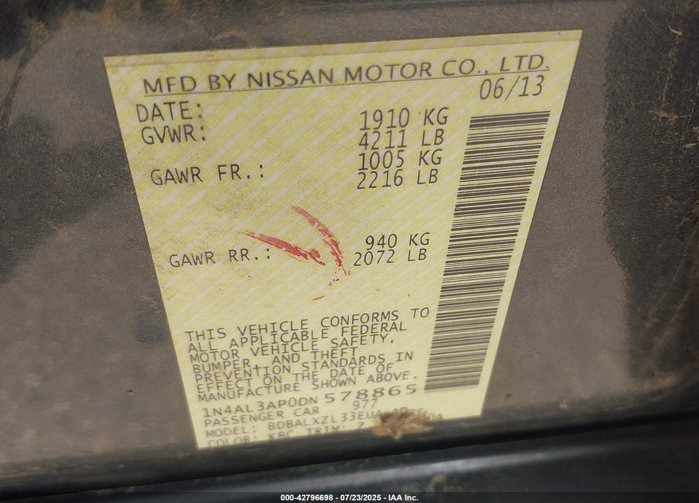 2013 NISSAN ALTIMA VIN: 1N4AL3AP0DN578865
