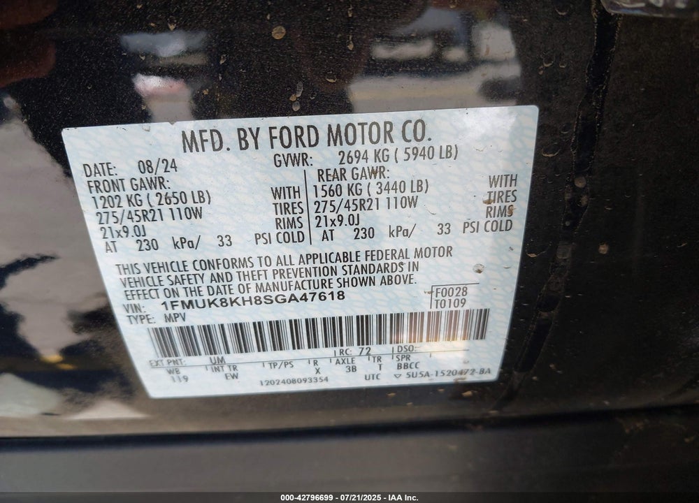 2025 FORD EXPLORER ST-LINE VIN: 1FMUK8KH8SGA47618