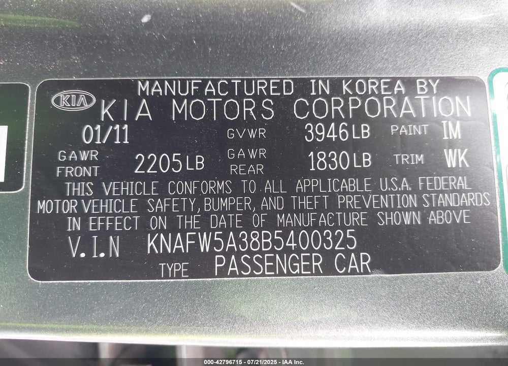 2011 KIA FORTE VIN: KNAFW5A38B5400325