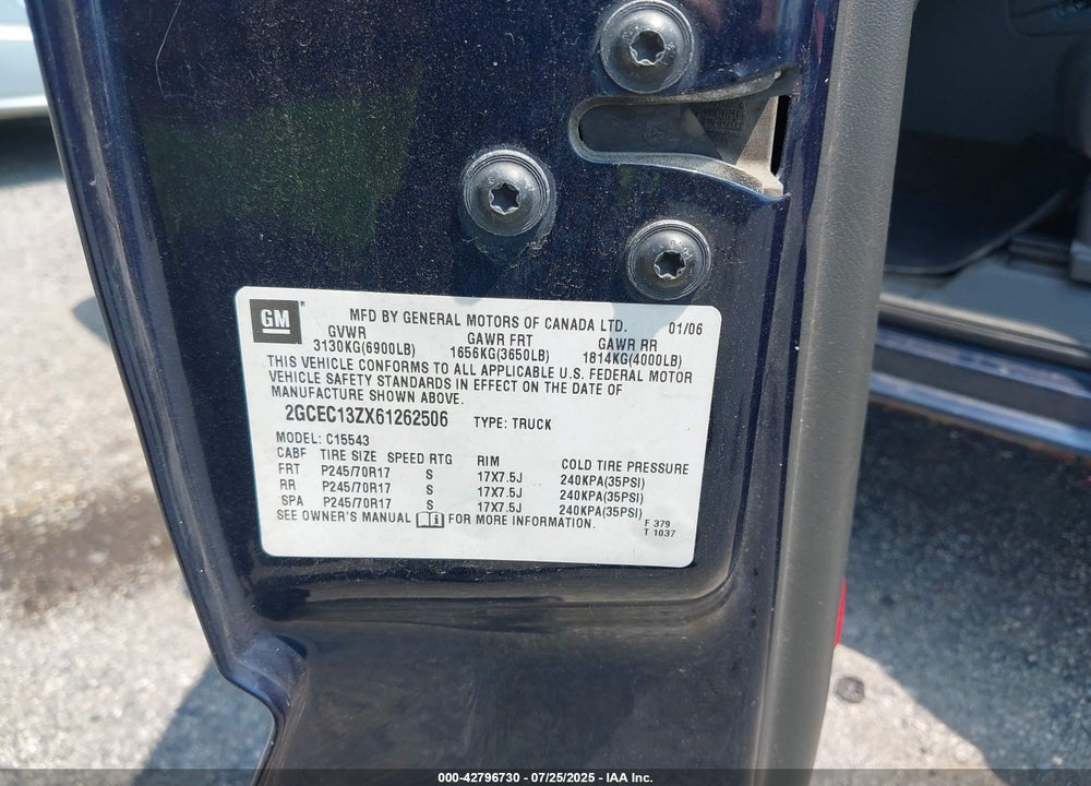2006 CHEVROLET SILVERADO 1500 VIN: 2GCEC13ZX61262506