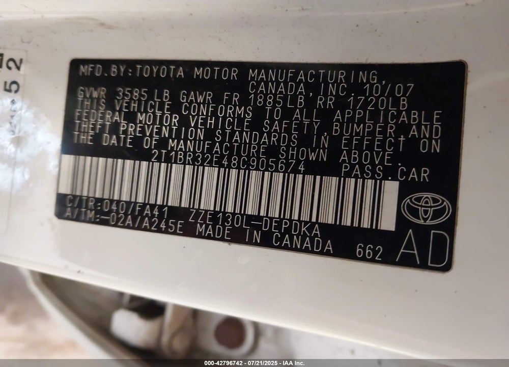 2008 TOYOTA COROLLA CE VIN: 2T1BR32E48C905674