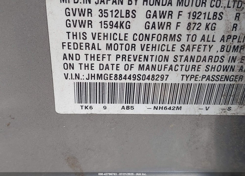 2009 HONDA FIT VIN: JHMGE88449S048297