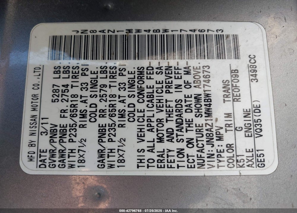 2011 NISSAN MURANO VIN: JN8AZ1MW4BW174673
