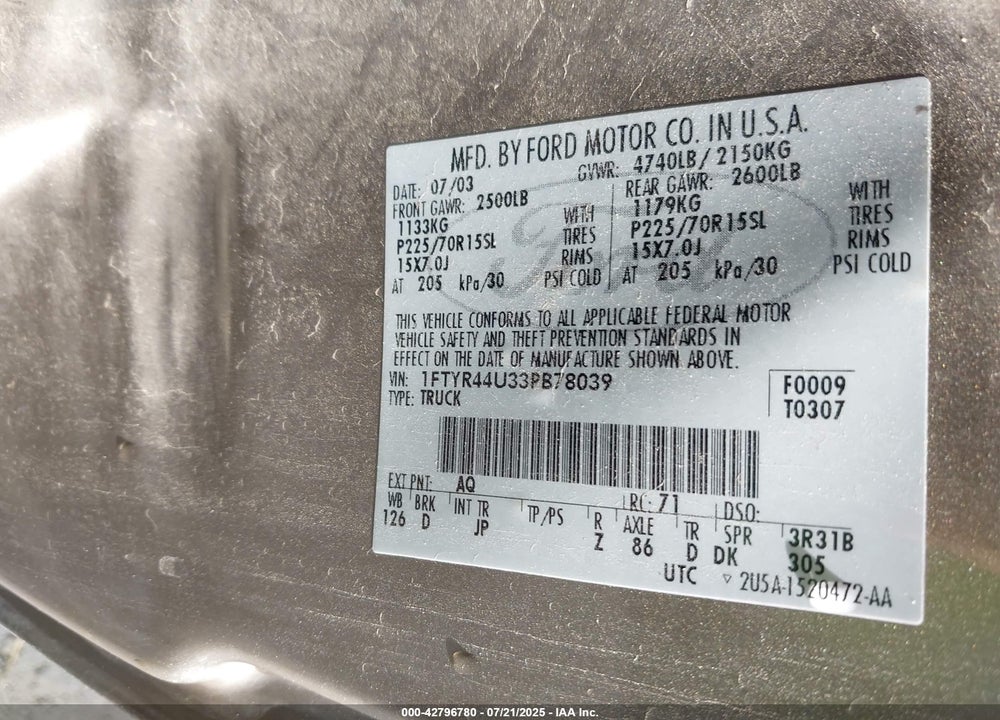 2003 FORD RANGER EDGE/TREMOR/XLT VIN: 1FTYR44U33PB78039