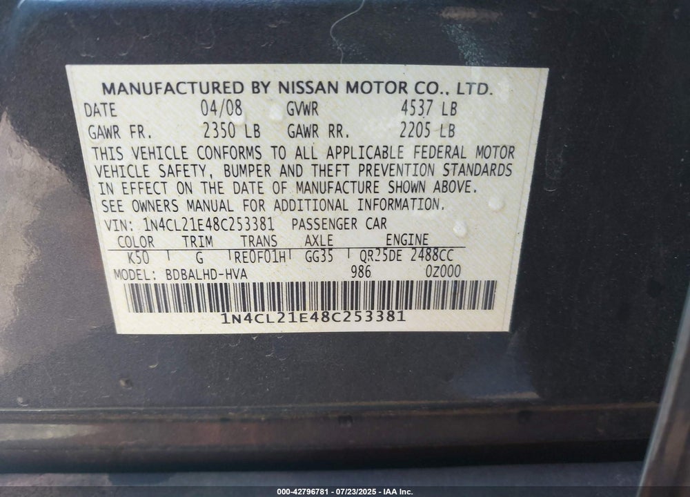 2008 NISSAN ALTIMA HYBRID VIN: 1N4CL21E48C253381