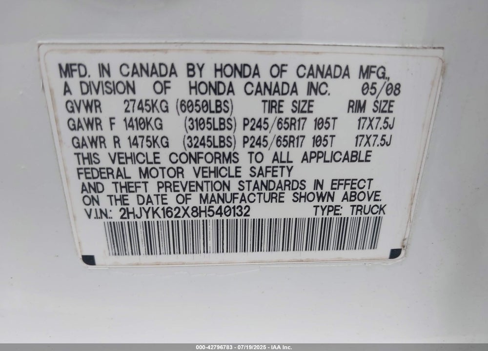 2008 HONDA RIDGELINE VIN: 2HJYK162X8H540132