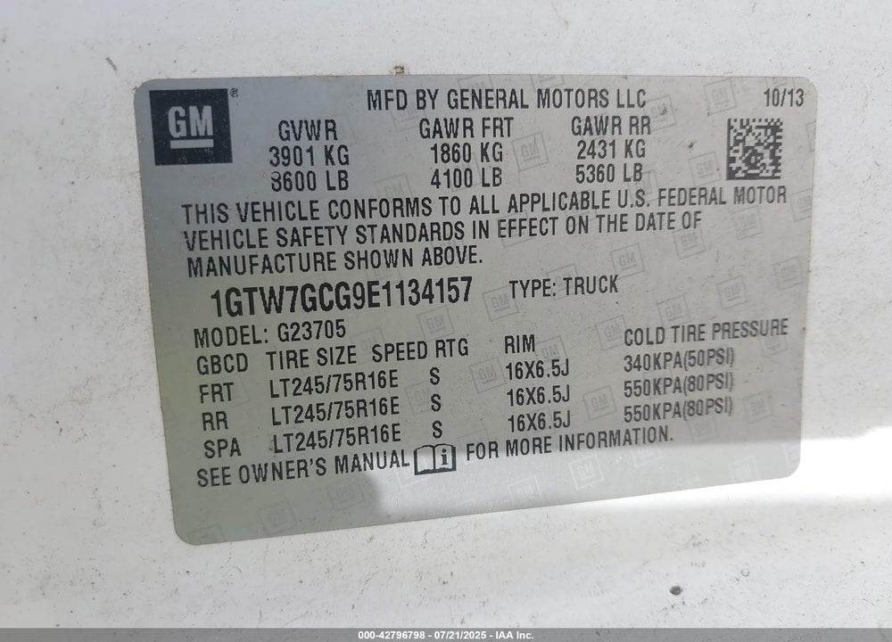2014 GMC SAVANA 2500 WORK VAN VIN: 1GTW7GCG9E1134157