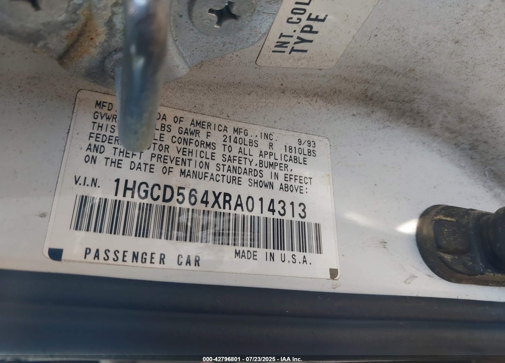 1994 HONDA ACCORD VIN: 1HGCD564XRA014313