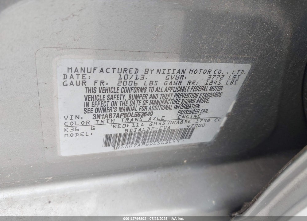 2013 NISSAN SENTRA VIN: 3N1AB7AP8DL563649