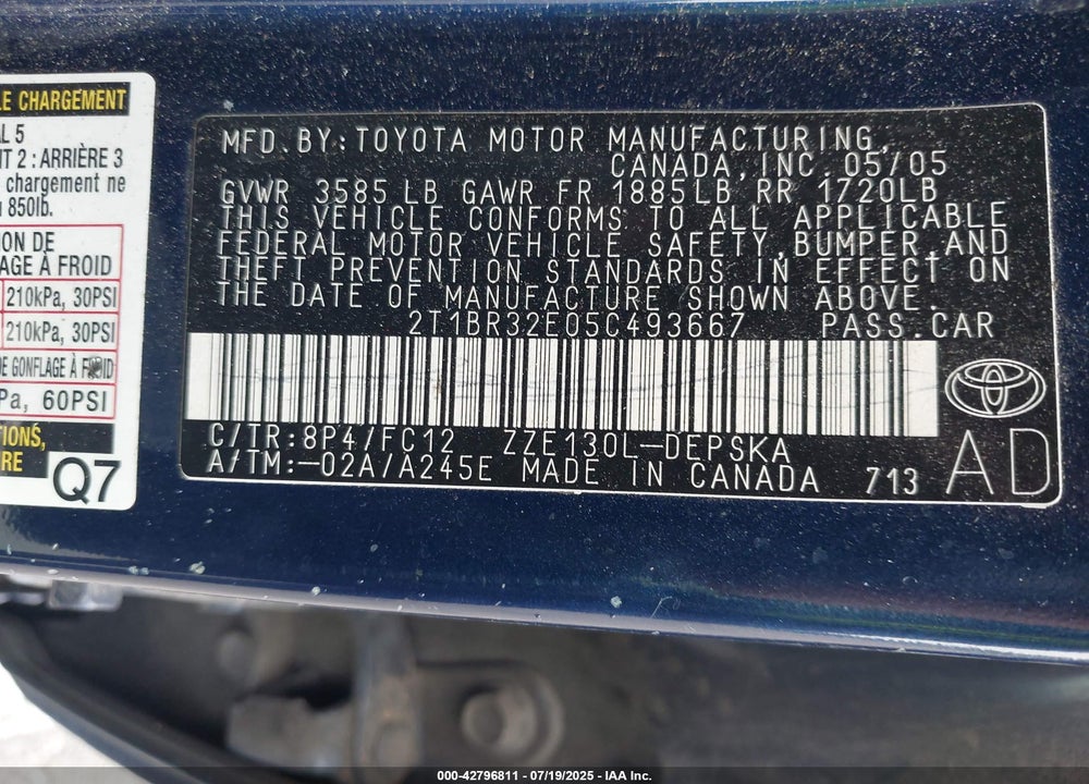 2005 TOYOTA COROLLA S VIN: 2T1BR32E05C493667