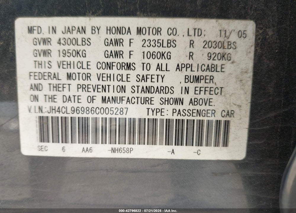 2006 ACURA TSX VIN: JH4CL96986C005287