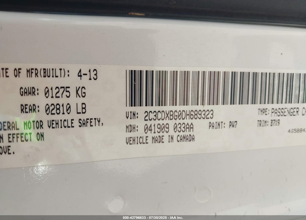 2013 DODGE CHARGER VIN: 2C3CDXBG0DH689323