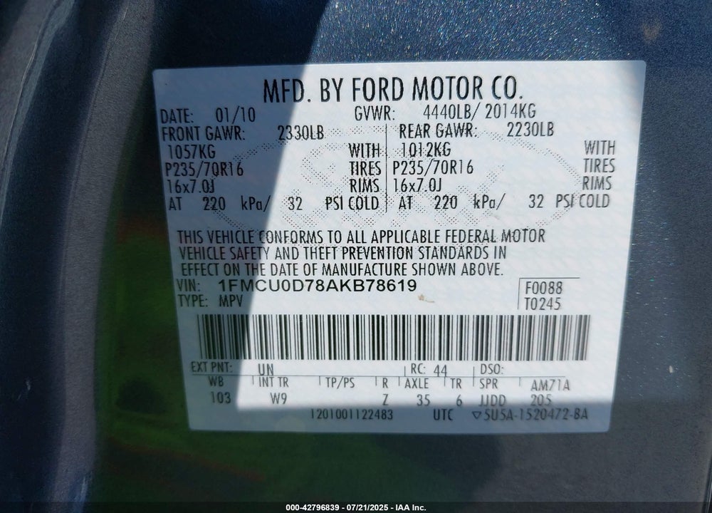 2010 FORD ESCAPE XLT VIN: 1FMCU0D78AKB78619