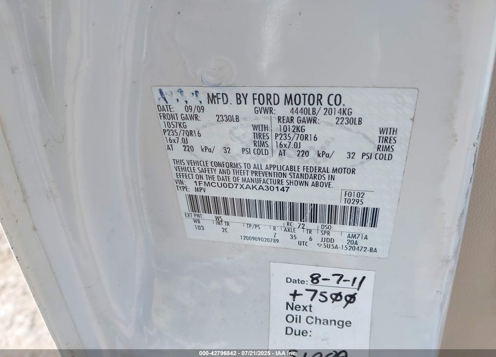 2010 FORD ESCAPE VIN: 1FMCU0D7XAKA30147