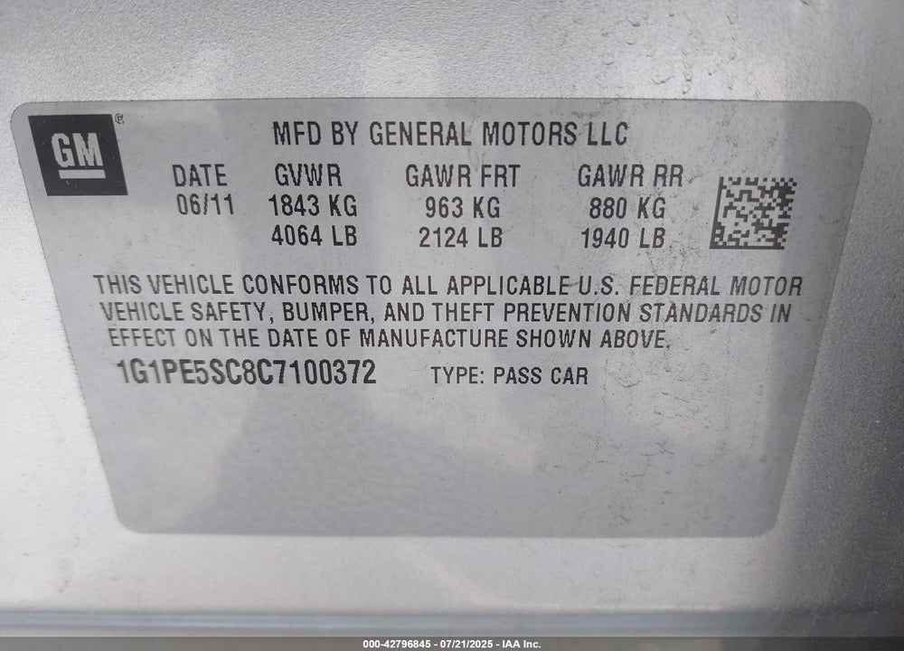 2012 CHEVROLET CRUZE VIN: 1G1PE5SC8C7100372