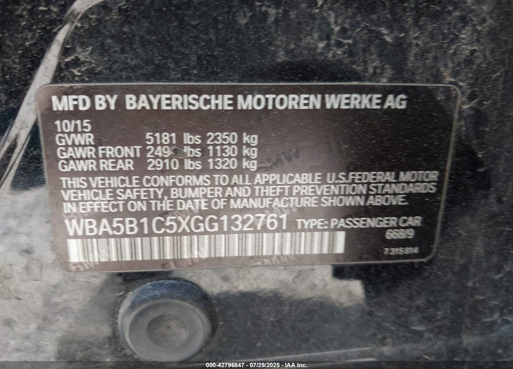 2016 BMW 5 SERIES VIN: WBA5B1C5XGG132761