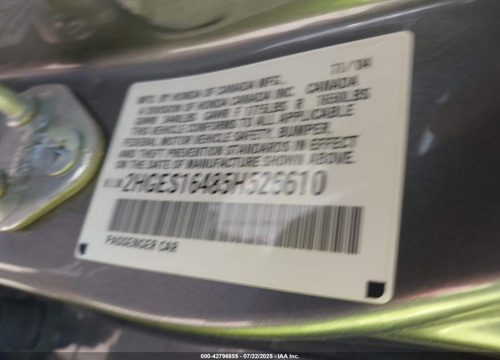 2005 HONDA CIVIC VP VIN: 2HGES16485H526610