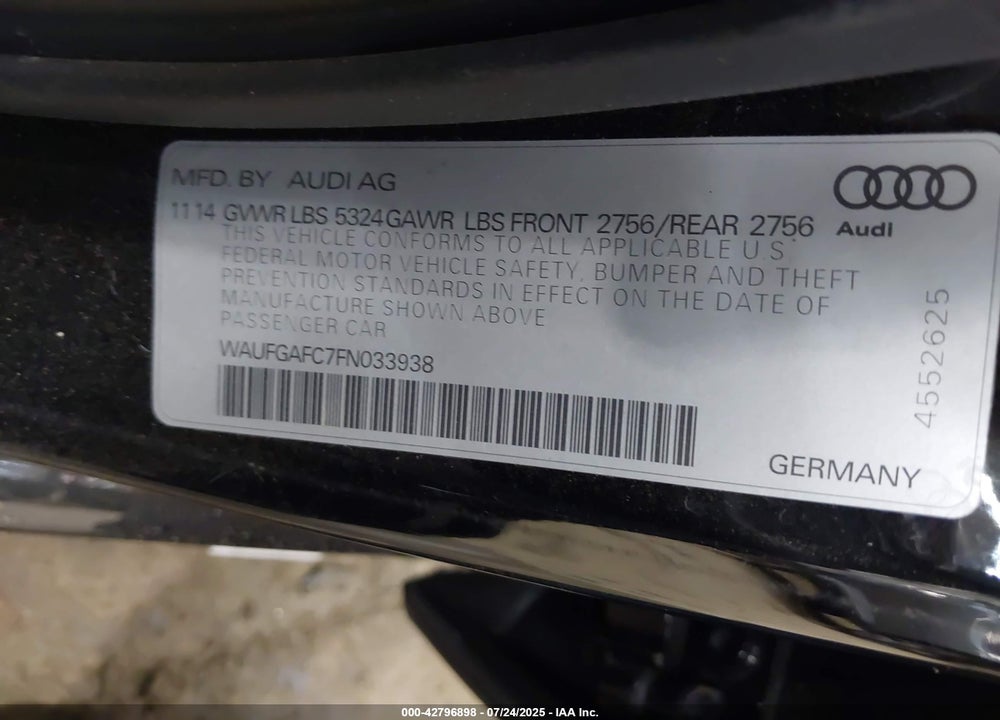 2015 AUDI A6 VIN: WAUFGAFC7FN033938