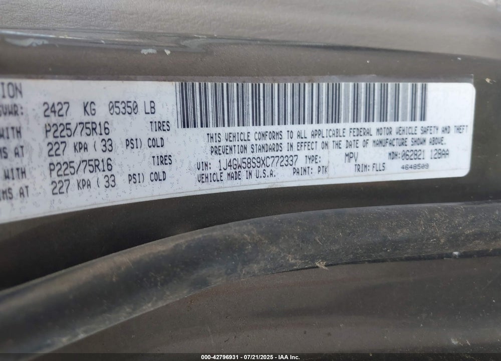 1999 JEEP GRAND CHEROKEE LAREDO VIN: 1J4GW58S9XC772337