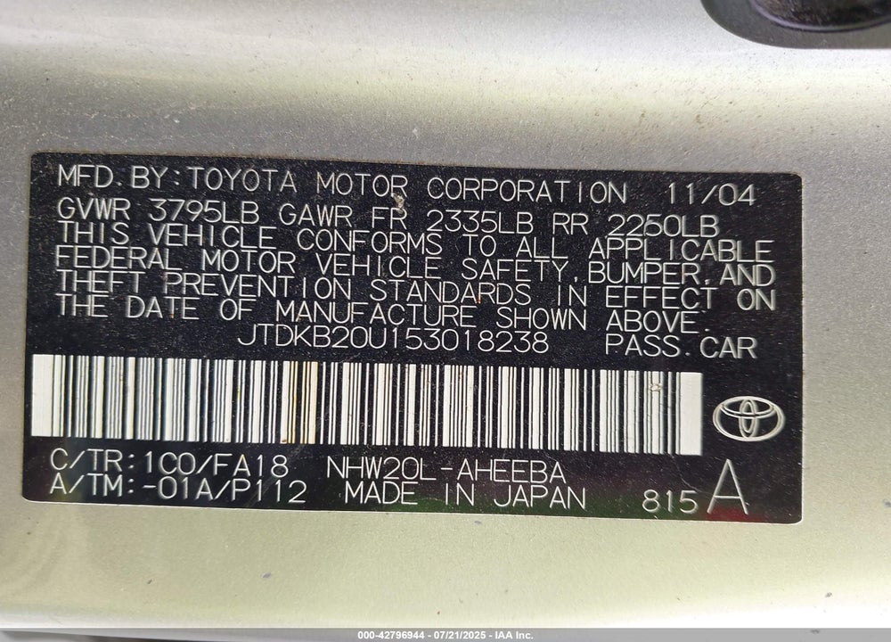 2005 TOYOTA PRIUS VIN: JTDKB20U153018238