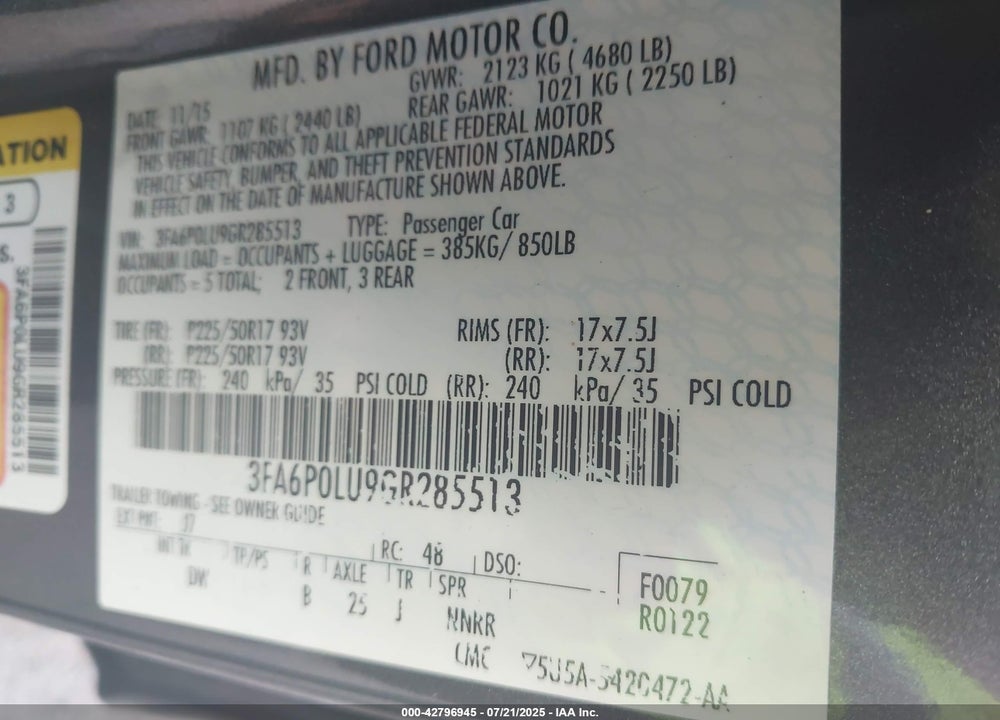 2016 FORD FUSION HYBRID VIN: 3FA6P0LU9GR285513