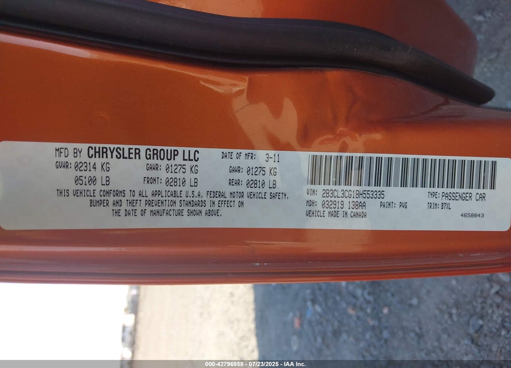 2011 DODGE CHARGER VIN: 2B3CL3CG1BH553335