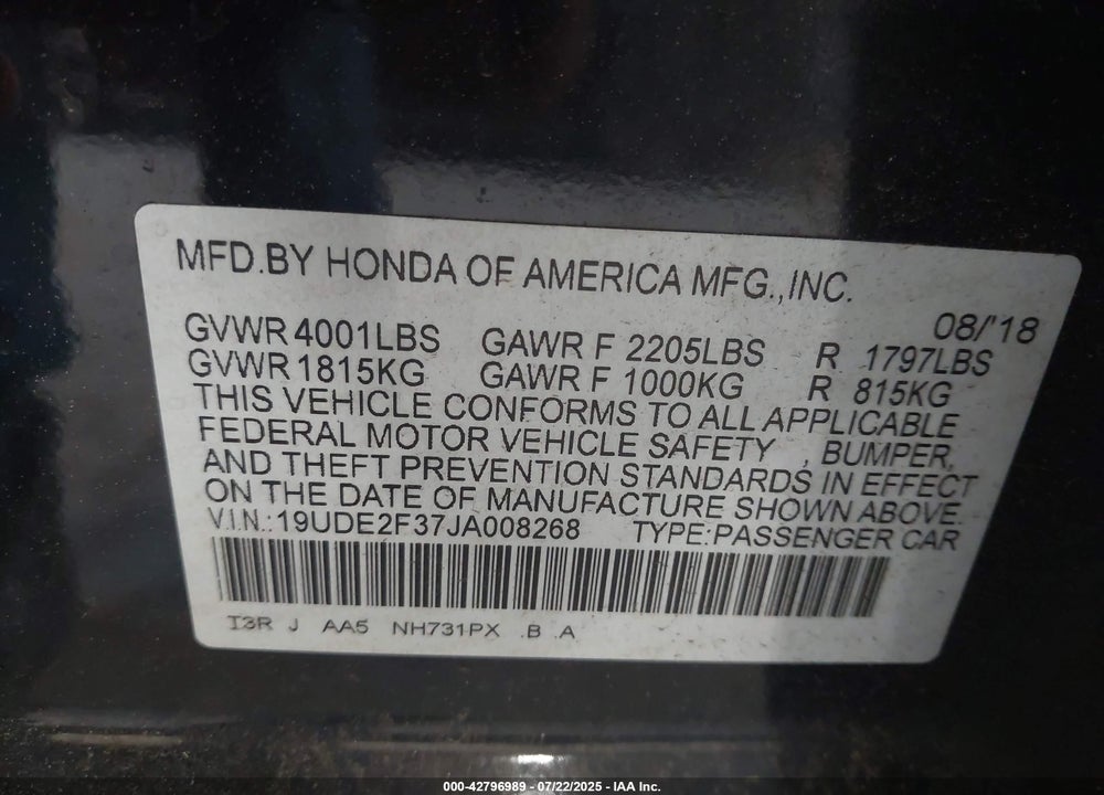 2018 ACURA ILX VIN: 19UDE2F37JA008268