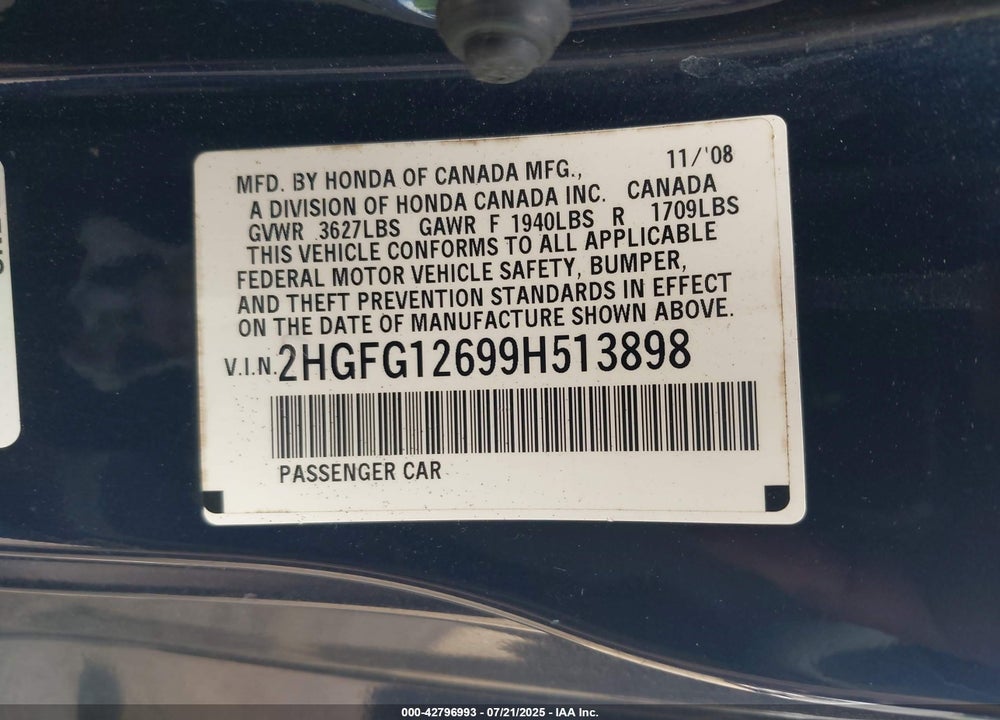 2009 HONDA CIVIC VIN: 2HGFG12699H513898