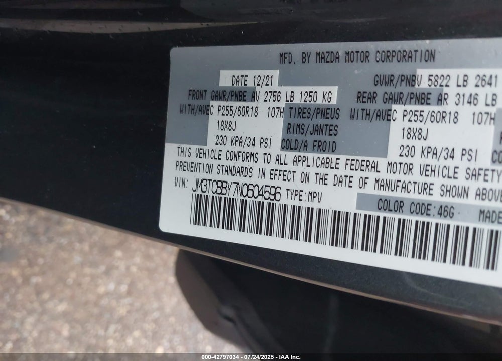 2022 MAZDA CX-9 SPORT VIN: JM3TCBBY7N0604596
