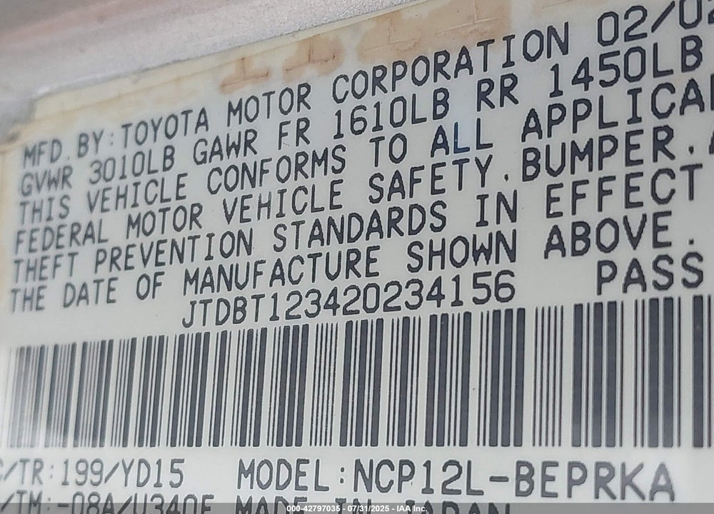 2002 TOYOTA ECHO VIN: JTDBT123420234156