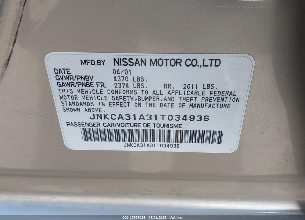 2001 INFINITI I30 VIN: JNKCA31A31T034936