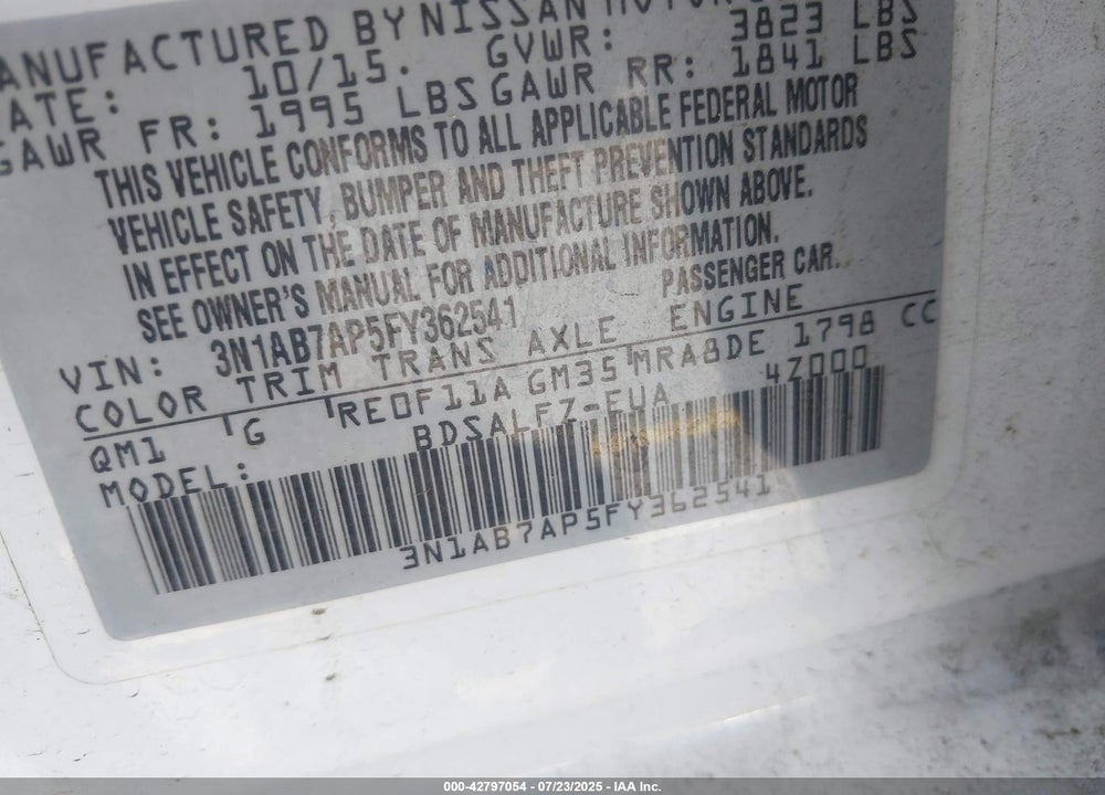 2015 NISSAN SENTRA VIN: 3N1AB7AP5FY362541