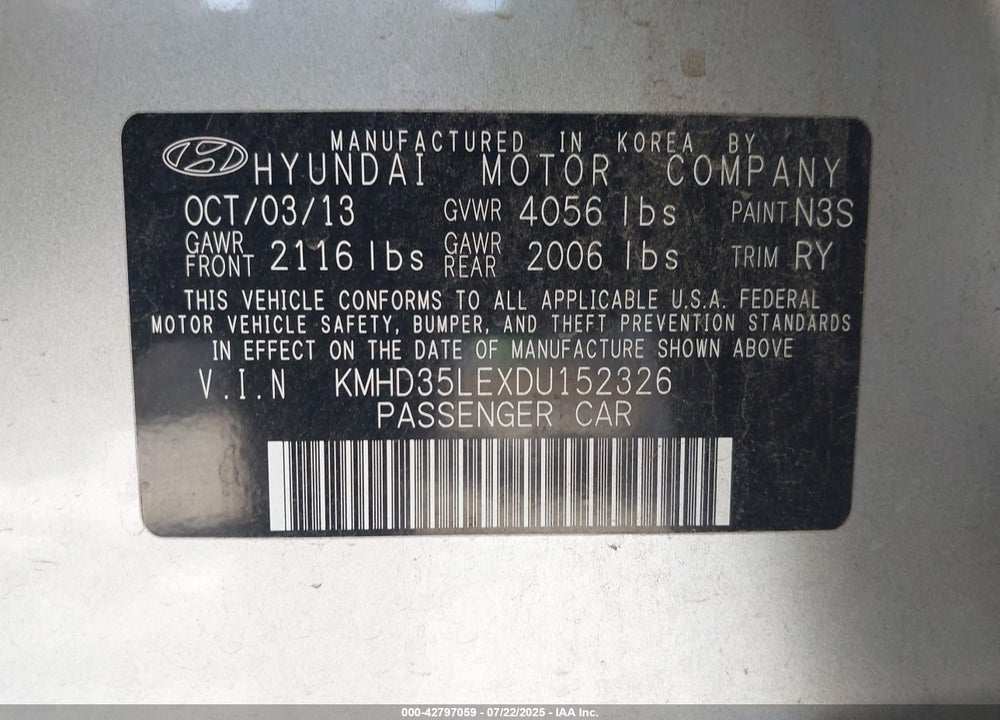 2013 HYUNDAI ELANTRA VIN: KMHD35LEXDU152326