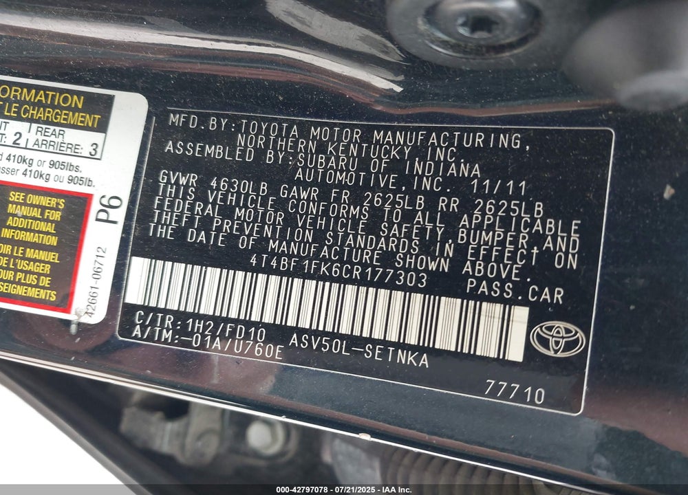 2012 TOYOTA CAMRY VIN: 4T4BF1FK6CR177303