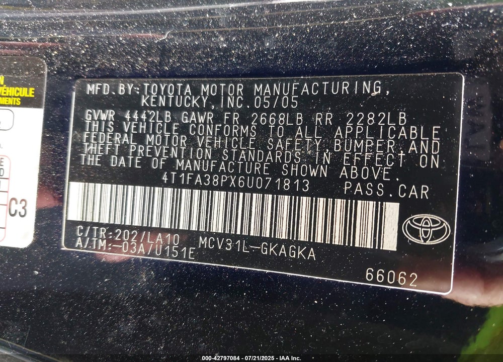 2006 TOYOTA CAMRY VIN: 4T1FA38PX6U071813