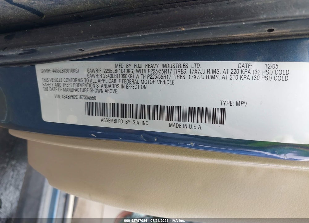 2006 SUBARU OUTBACK VIN: 4S4BP62C167334550