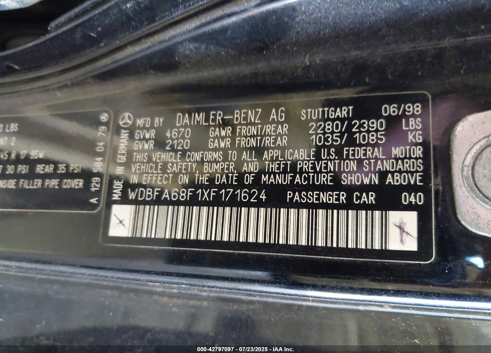1999 MERCEDES-BENZ SL 500 VIN: WDBFA68F1XF171624