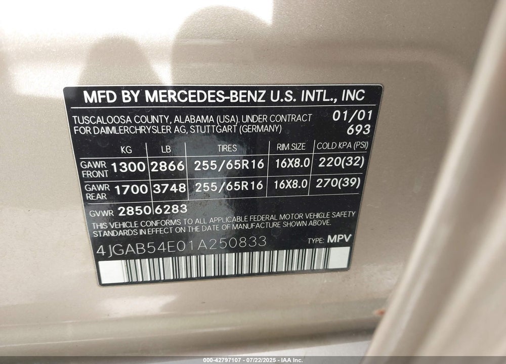 2001 MERCEDES-BENZ ML 320 VIN: 4JGAB54E01A250833