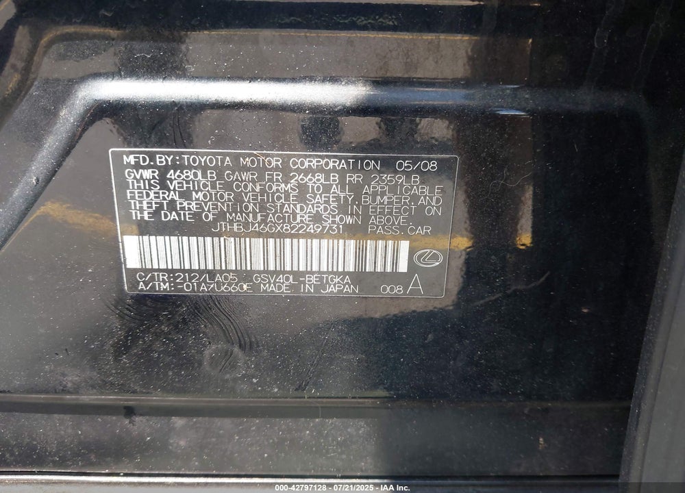 2008 LEXUS ES350 VIN: JTHBJ46GX82249731