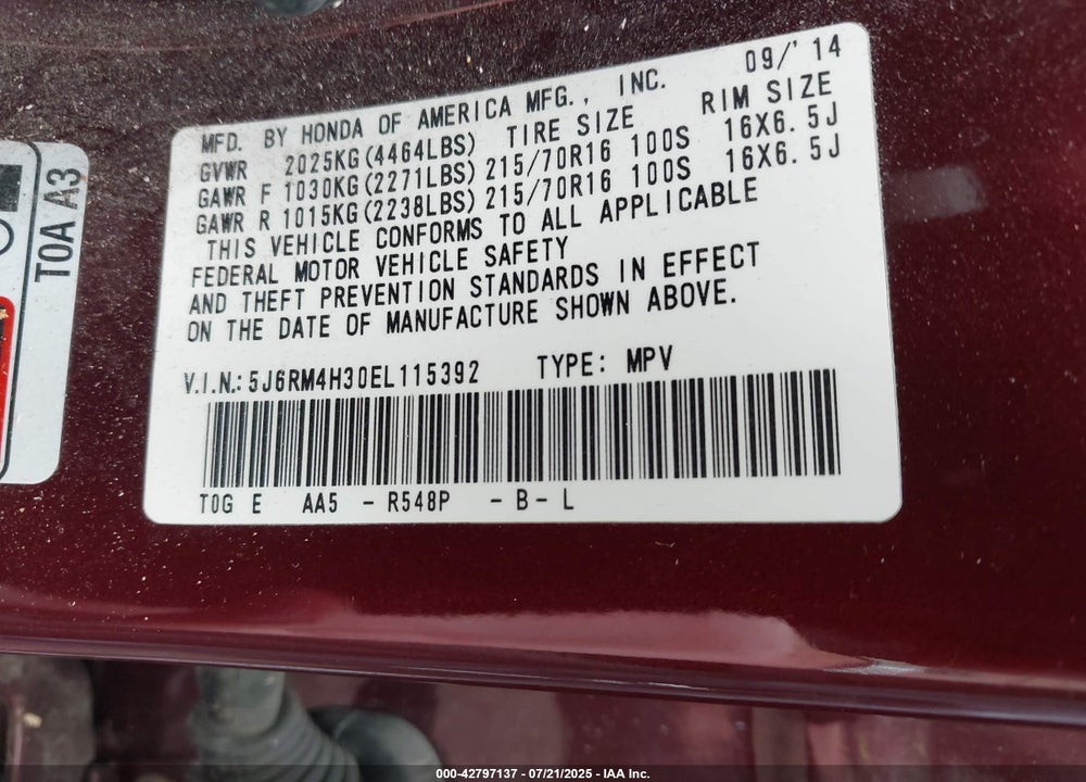 2014 HONDA CR-V VIN: 5J6RM4H30EL115392