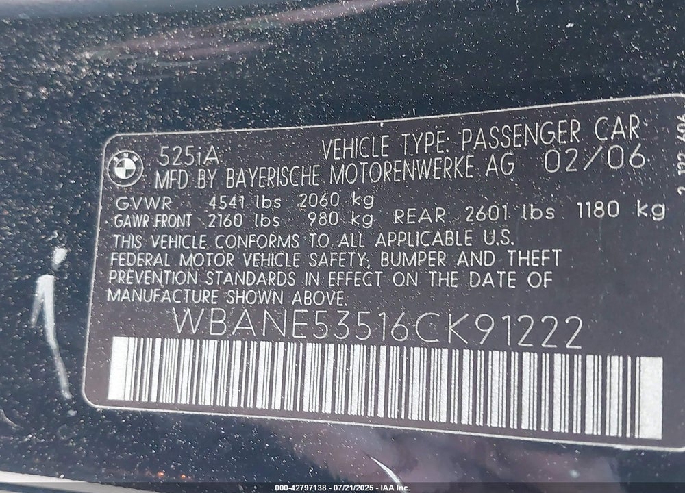 2006 BMW 525I VIN: WBANE53516CK91222