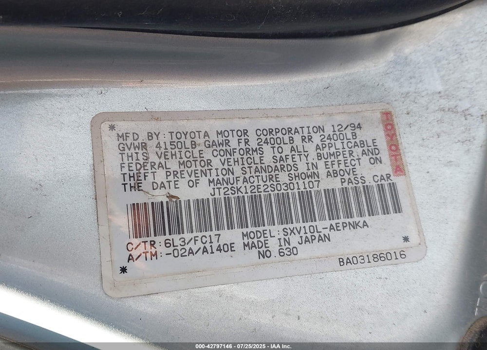 1995 TOYOTA CAMRY VIN: JT2SK12E2S0301107