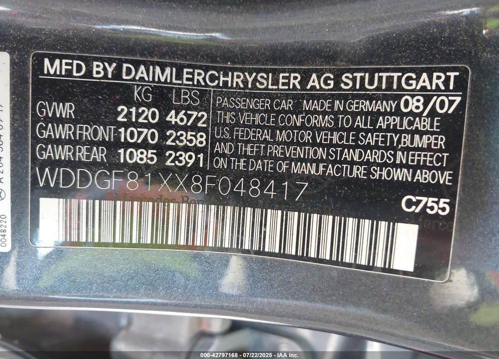 2008 MERCEDES-BENZ C CLASS VIN: WDDGF81XX8F048417