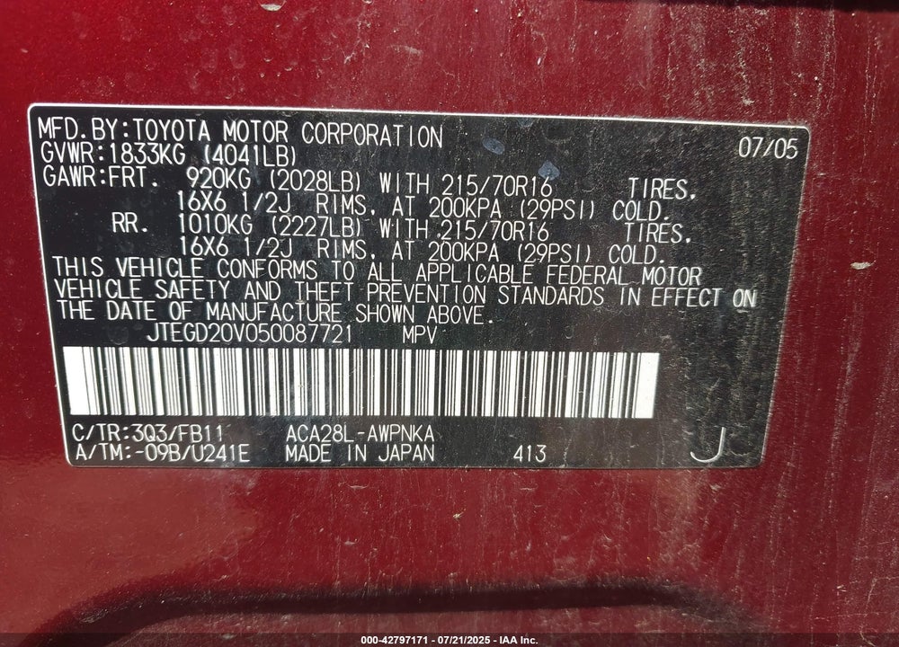 2005 TOYOTA RAV4 VIN: JTEGD20V050087721