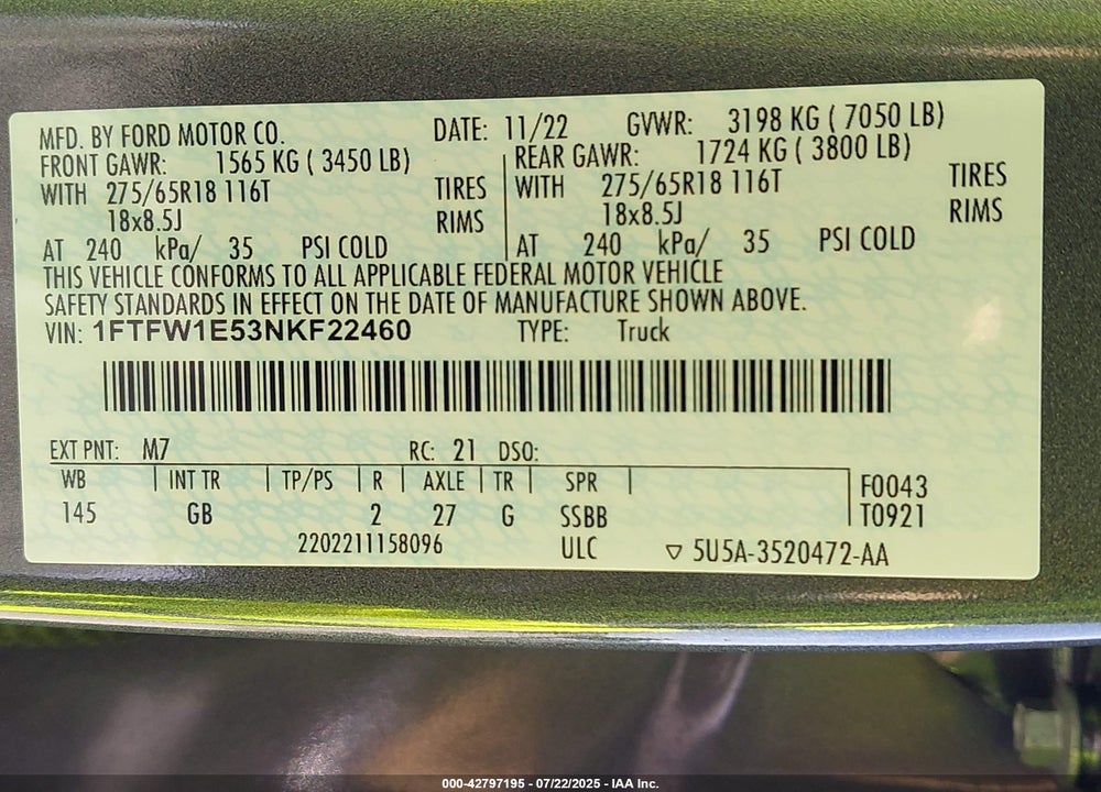 2022 FORD F-150 VIN: 1FTFW1E53NKF22460