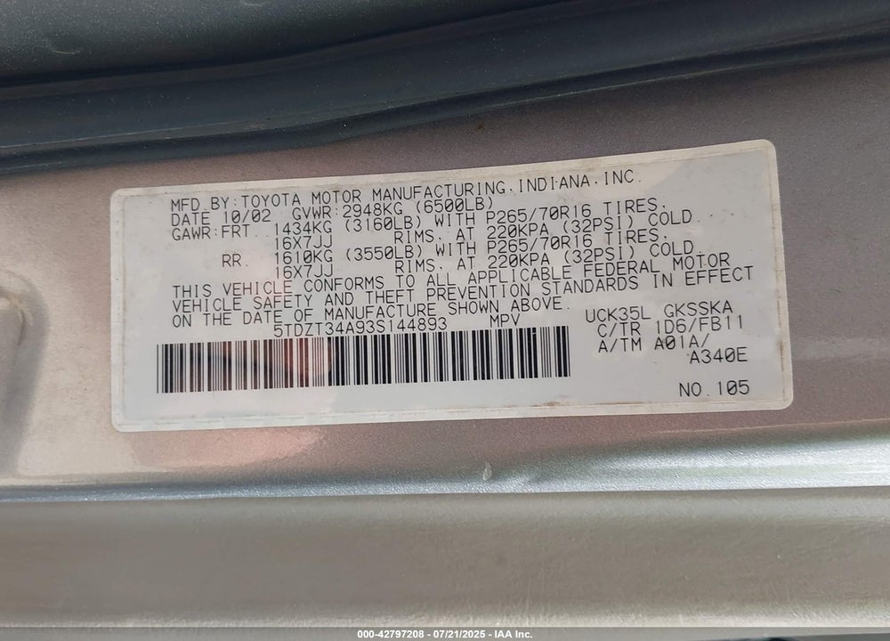 2003 TOYOTA SEQUOIA SR5 V8 VIN: 5TDZT34A93S144893