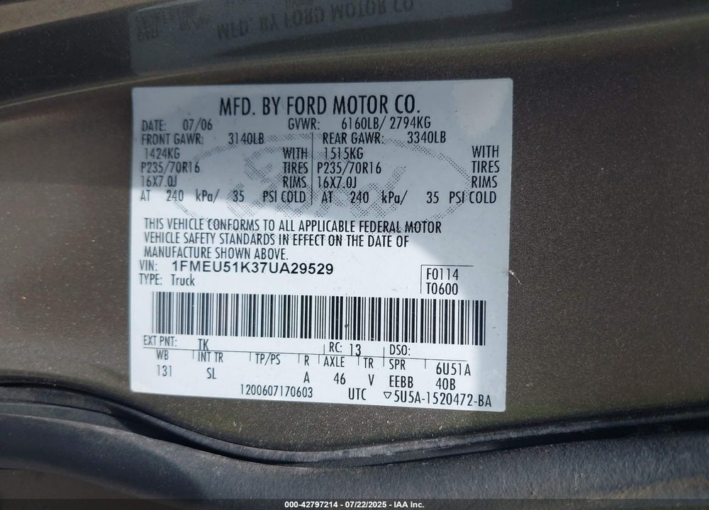 2007 FORD EXPLORER SPORT TRAC VIN: 1FMEU51K37UA29529
