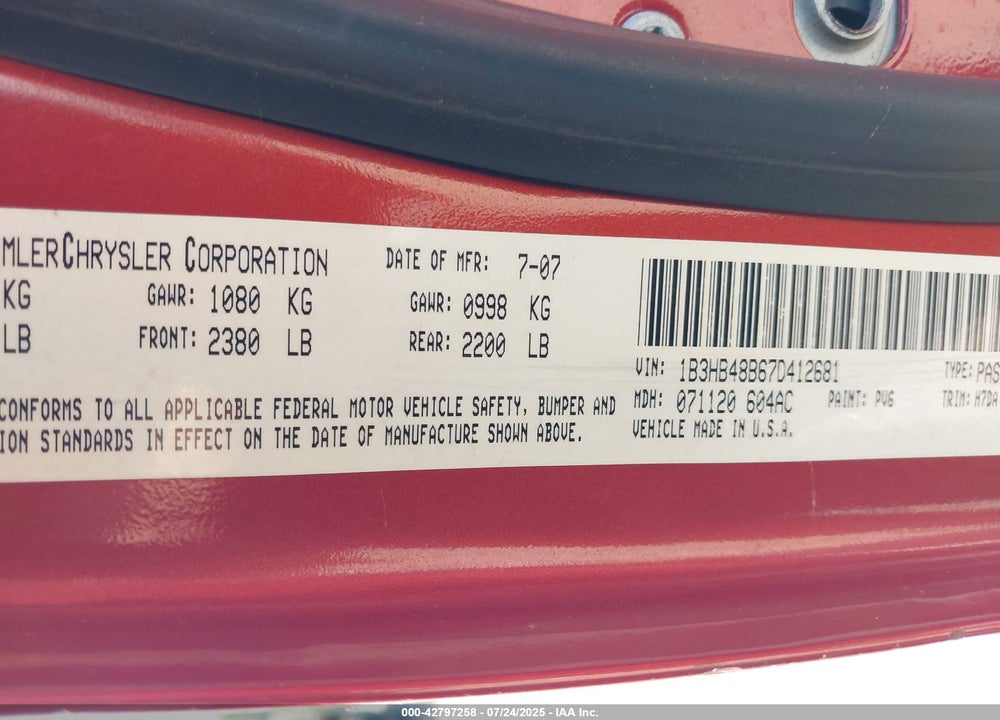 2007 DODGE CALIBER VIN: 1B3HB48B67D412681